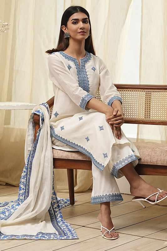 Off-White Embroidered Straight Suit Set