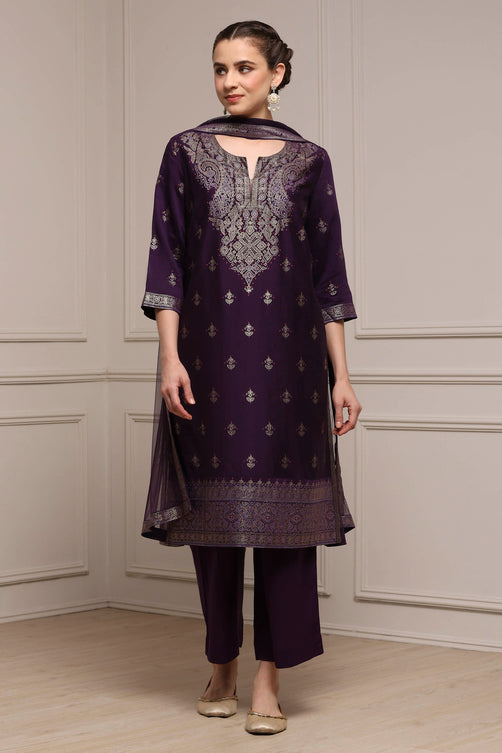 Purple Viscose Blend Straight Printed Suit Set