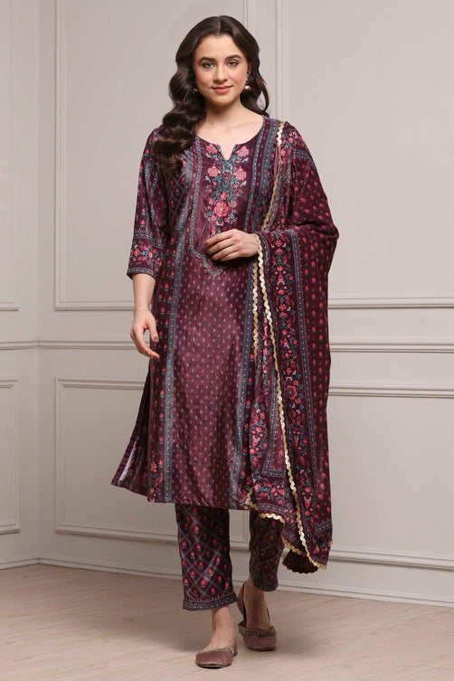Plum Velvet Printed Straight Winter Suit Set