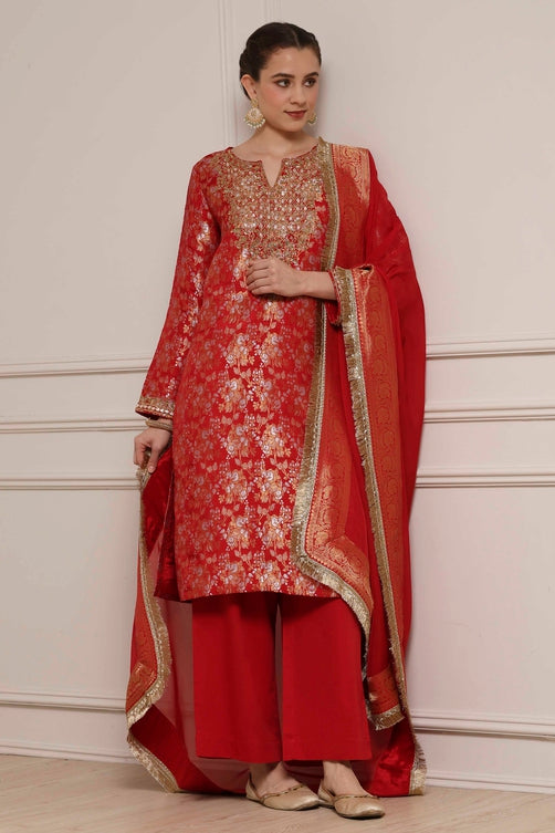 Red Viscose Rayon Straight Yarndyed Suit Set