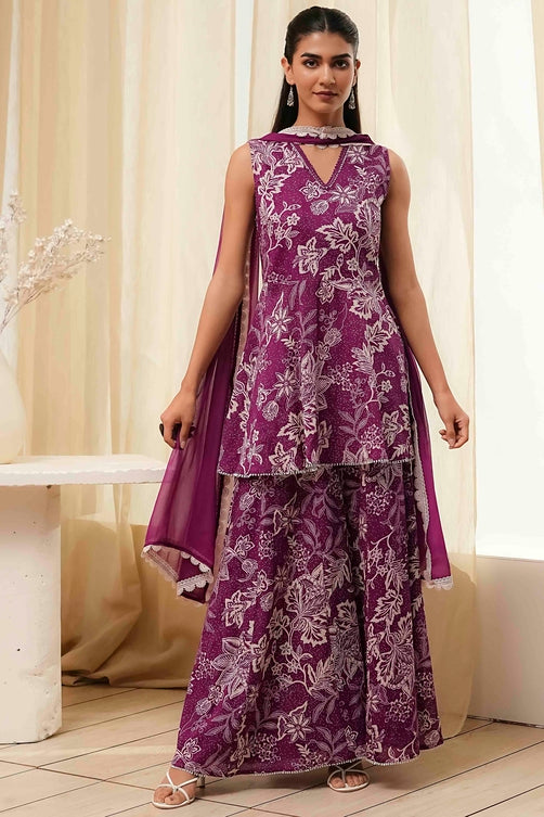 Berry Purple Cotton Floral Peplum Suit Set