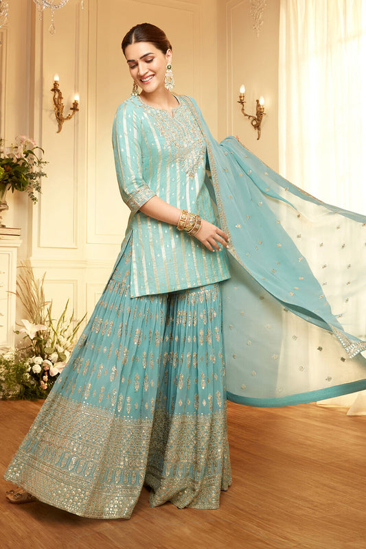Powder Blue Embroidered Straight Suit Set