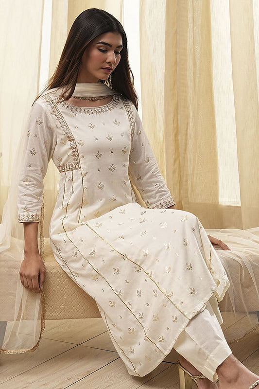 Cream-Colored Cotton Foil Printed Kalidar Suit Set