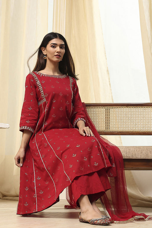 Red Cotton Foil Printed Kalidar Suit Set