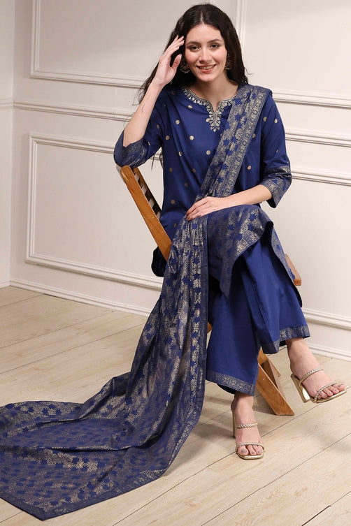 Blue Cotton Printed Straight Suit Set