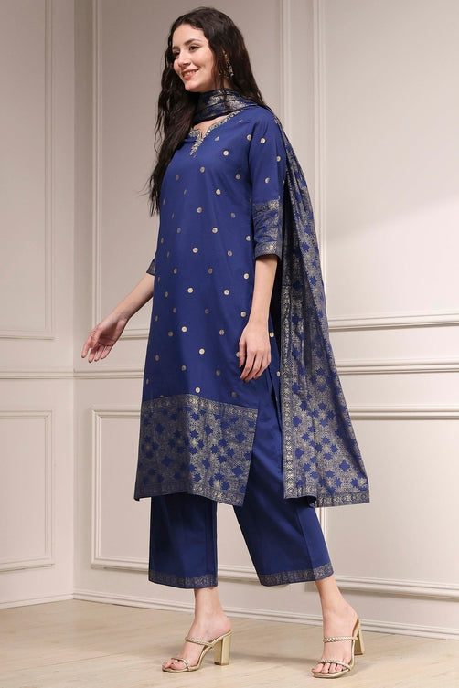 Blue Cotton Printed Straight Suit Set