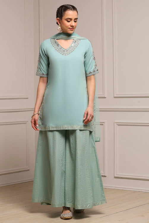 Light Green Cotton Straight Dyed Suit Set