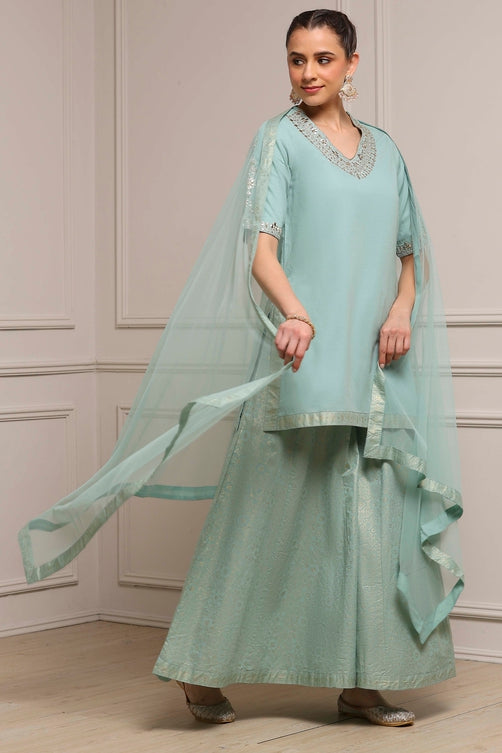 Light Green Cotton Straight Dyed Suit Set