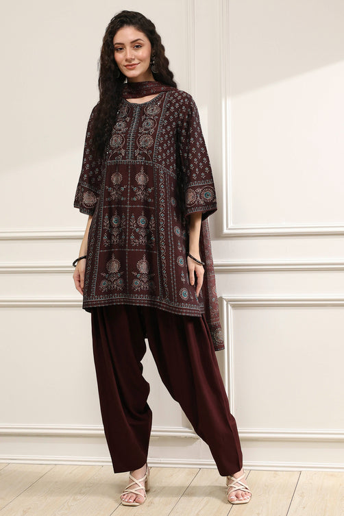 Brown Printed Straight Suit Set