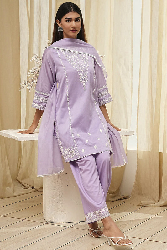 Lavender Cotton Silk Embroidered Straight Suit Set