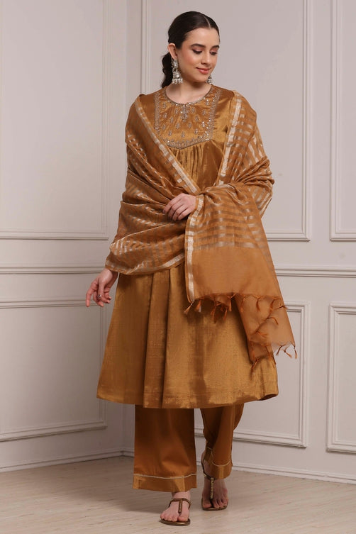 Copper Cotton Tissue Gathered Dyed Suit Set