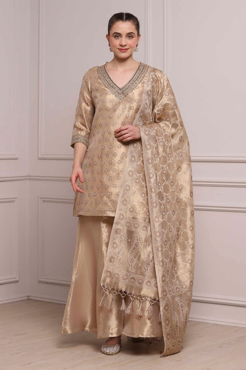 Gold-Toned Banarasi Tissue Printed Sharara Suit Set