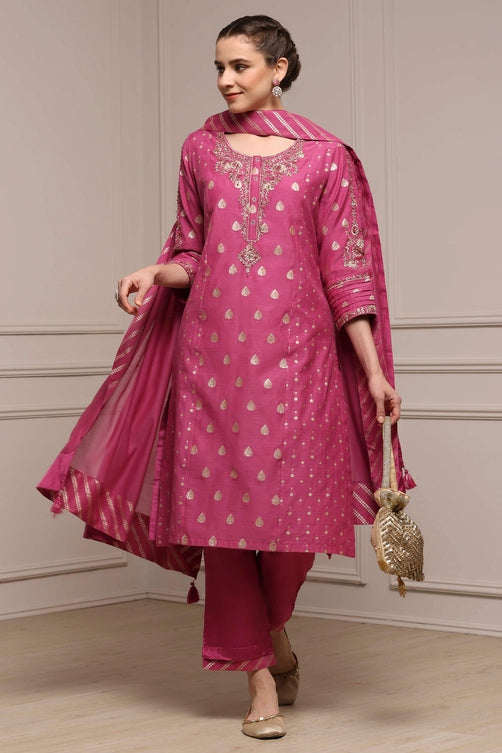 Pink Cotton Blend Straight Yarndyed Suit Set