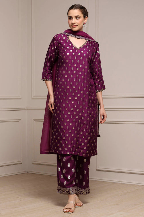 Purple/Maroon Viscose Dupion Printed Straight Suit Set
