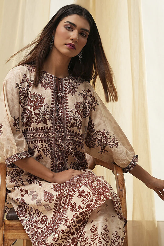 Beige and Brown Pure Cotton Printed Kurta Set