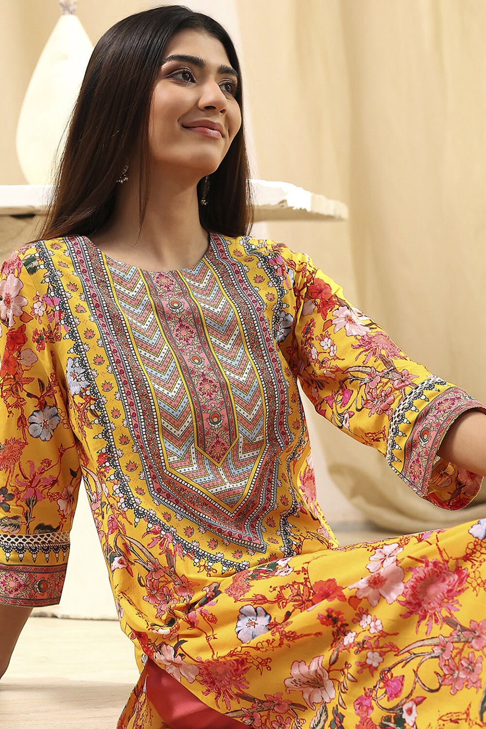 Yellow Pure Cotton Floral Straight Kurta