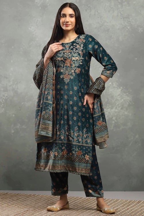 Green Polyester Printed Straight Suit Set