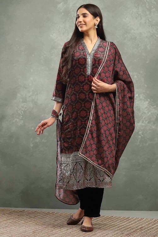 Black Polyester Printed Straight Suit Set