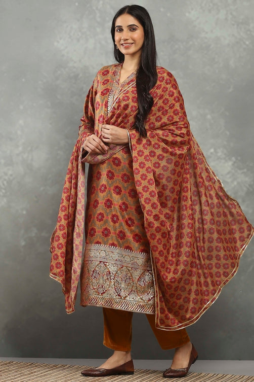 Mustard Polyester Printed Straight Suit Set