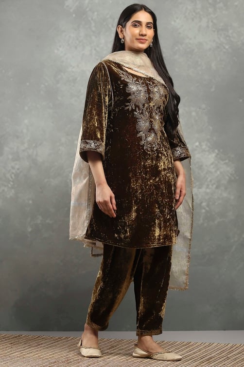 Olive Polyester Embroidered Straight Suit Set