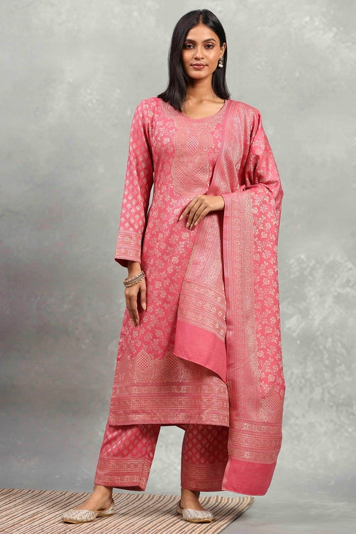 Coral Polyester Yarndyed Straight Suit Set